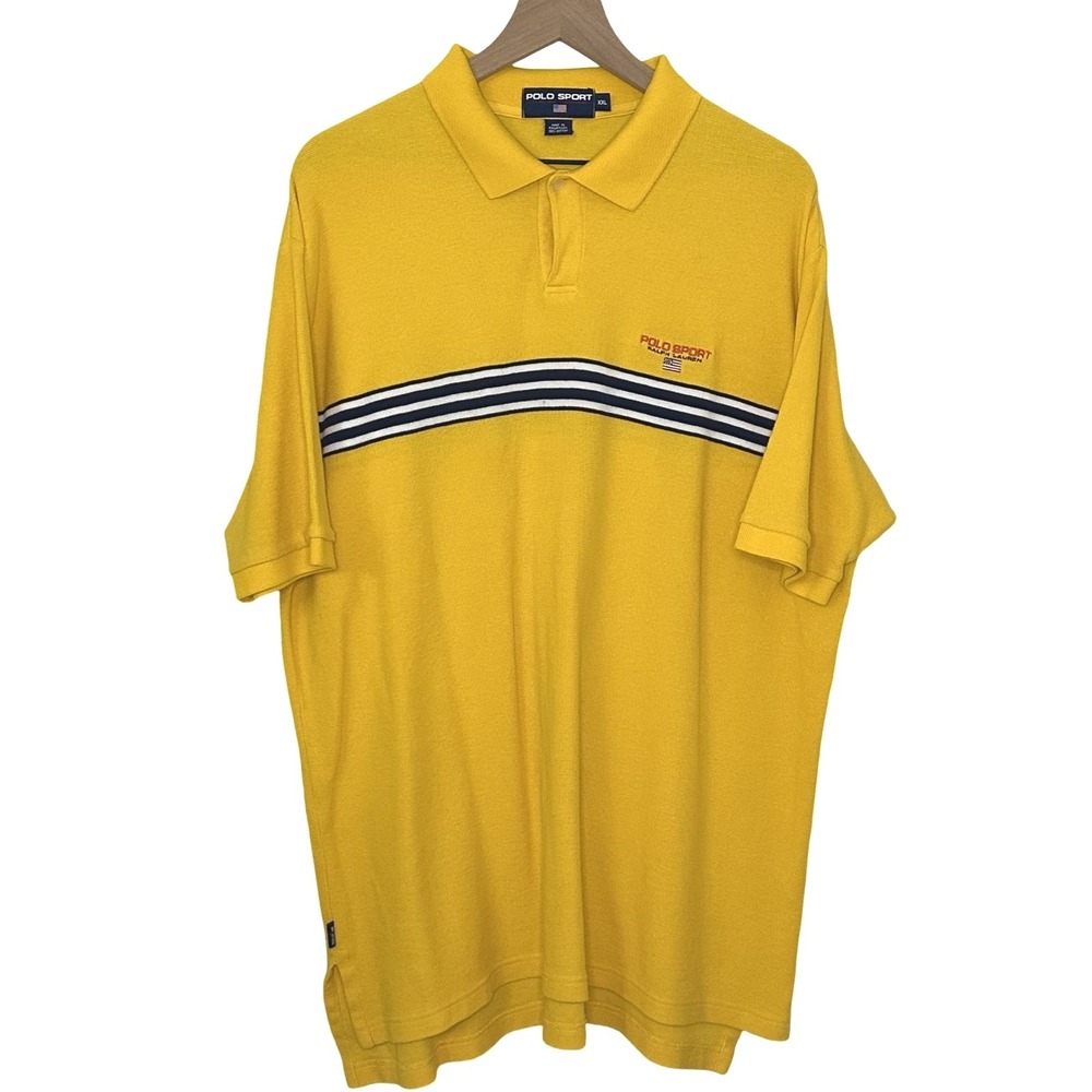 Vintage Polo Sport Ralph Lauren Mens XXL Yellow Striped Flag Polo Gorpcore Retro